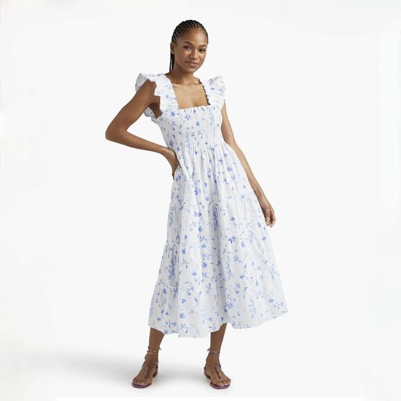 Hill House Ellie Nap Smocked Midi Dress - White with Blue Botanical Floral - XS - Picture 1 of 9